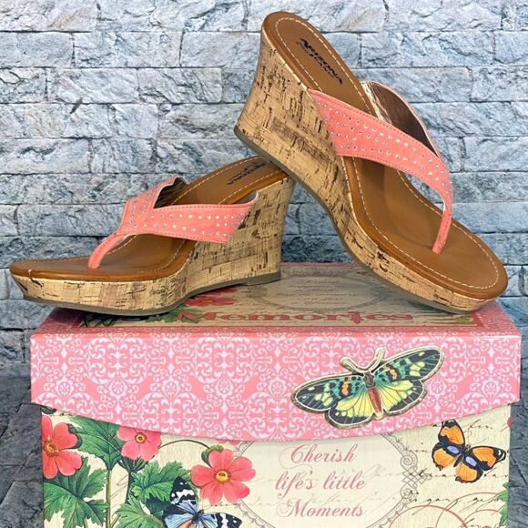 Arizona Jean Cork Wedge Sandals Size 10 Faux Suede with Rhinestones - Picture 1 of 7